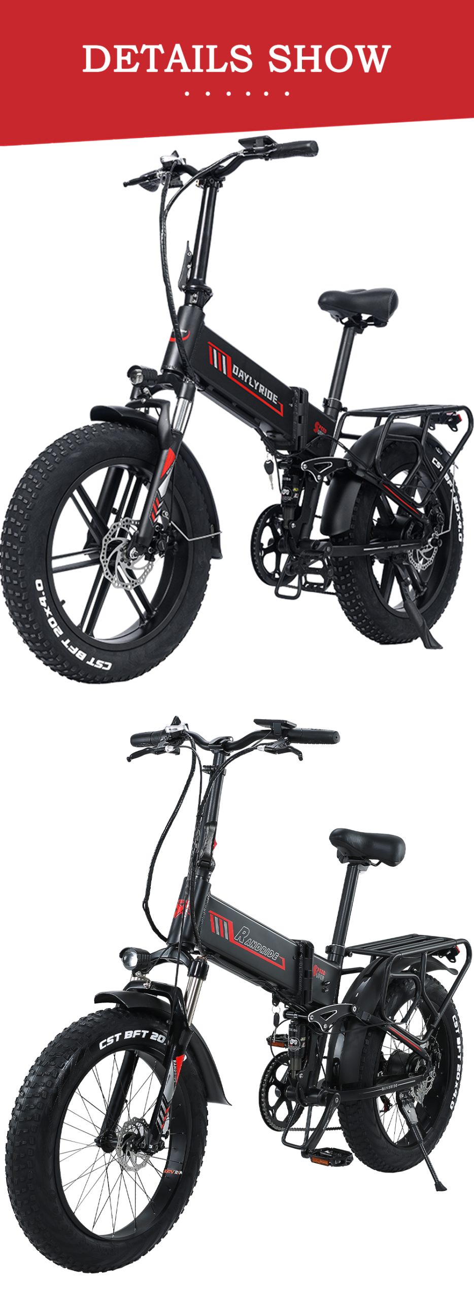 Randride Adult Mountain Bike Folding Electric Bicycle 1000W 48V 17A Removable Battery Quot Fat Tire Mens Snow Ebike